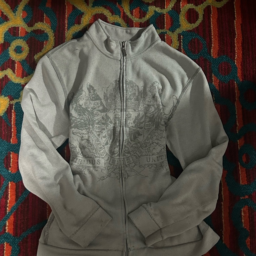 Gray Zip-Up Jacket with Graphic Design